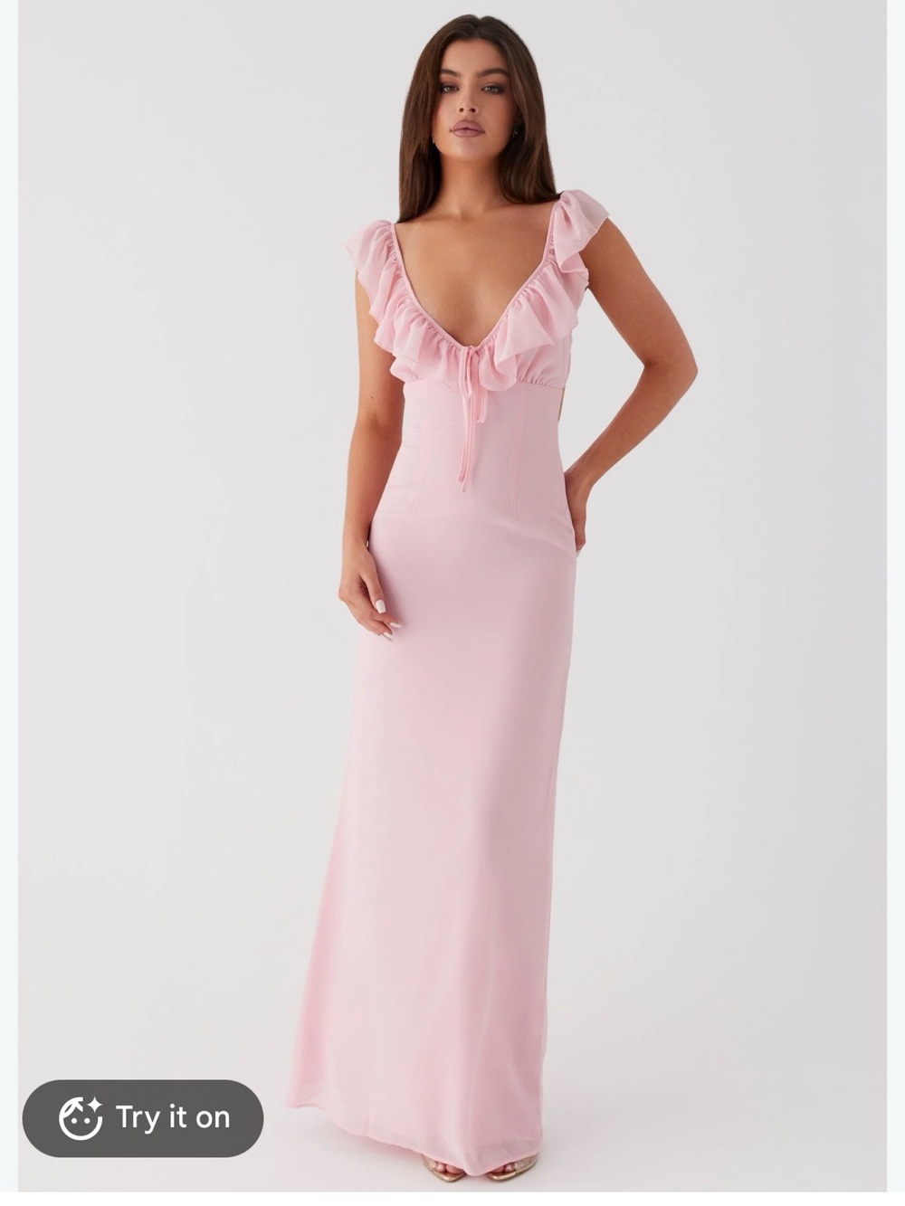 Peppermayo Pink Ruffle Open Back Maxi Dress US 6 Wedding Guest